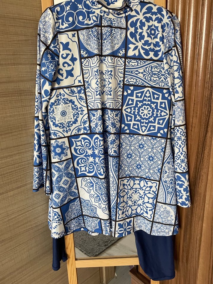 Uzun Kollu Mavi Bohem Kadın Mayo - Görsel 3