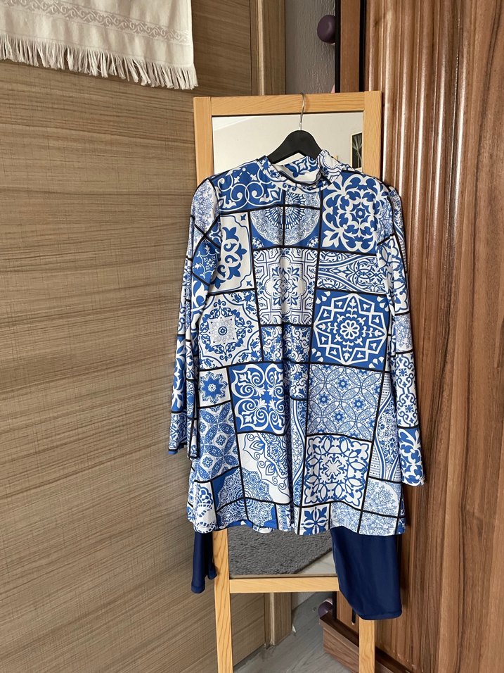 Uzun Kollu Mavi Bohem Kadın Mayo - Görsel 5