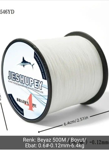 Beyaz ip misina, 500M 0.6#0.12mm, 6 4 kg çekerli