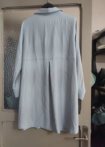 mavi Uzun Kollu Keten Midi Gömlek - Görsel 2