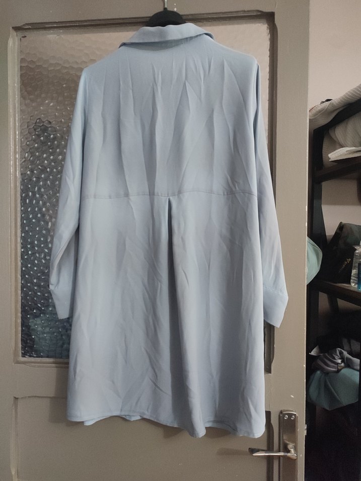 mavi Uzun Kollu Keten Midi Gömlek - Görsel 2