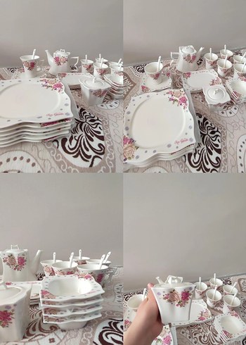 Beyaz Çiçek Desenli Modern Klasik Yemek Takımı