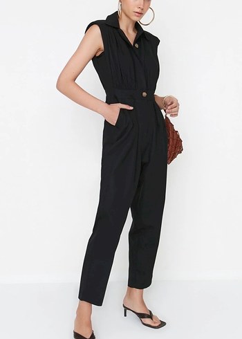 Trendyolmilla Siyah Gabardin Kolsuz Dokuma Pamuklu Kadın Tulum