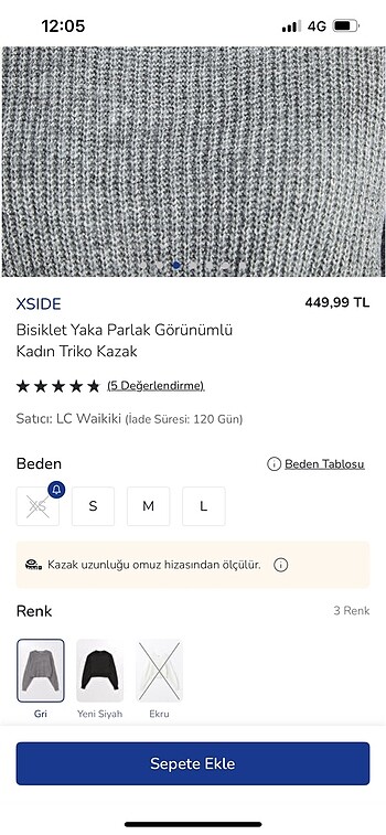 xs Beden LC Waikiki gri parlak görünümlü kadın triko kazak