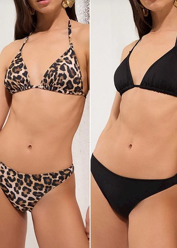 Leopar Desenli ve Siyah İkili Üçgen Bikini Takımı