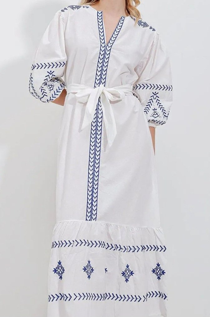 Nakışlı Beyaz Bohem Uzun Elbise - Görsel 3