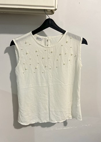 İnci İşlemeli Kolsuz s beden Beyaz Bluz - Görsel 2