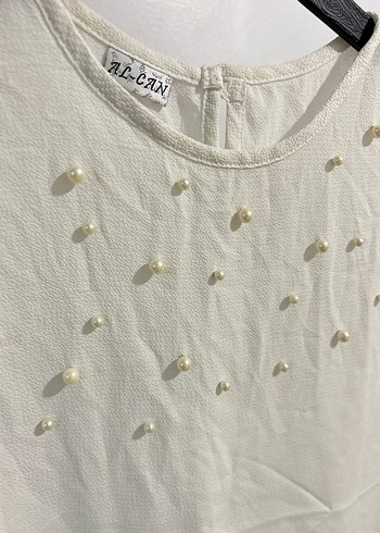 İnci İşlemeli Kolsuz s beden Beyaz Bluz - Görsel 7