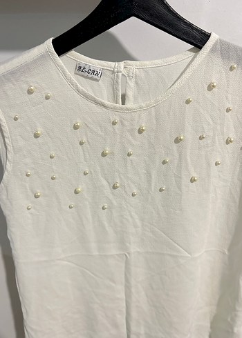 İnci İşlemeli Kolsuz s beden Beyaz Bluz - Görsel 12