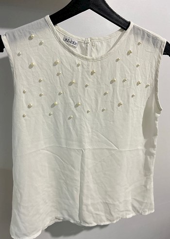 İnci İşlemeli Kolsuz s beden Beyaz Bluz - Görsel 8