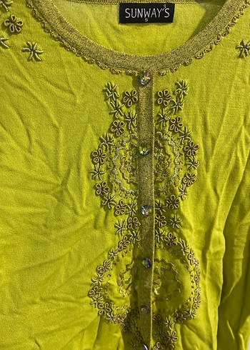 Yeşil üstü taşlı Nakışlı Uzun Kollu Bohem Bluz - Görsel 4