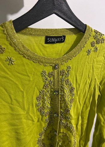Yeşil üstü taşlı Nakışlı Uzun Kollu Bohem Bluz - Görsel 3