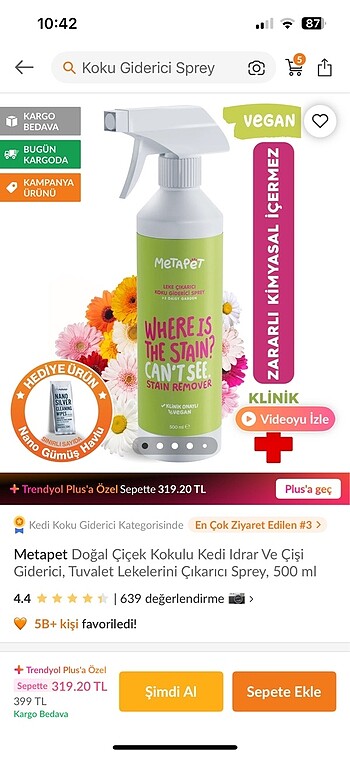  Metapet markasının kedi idrar ve çiş giderici, tuvalet lekelerin