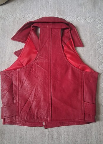 Kemerli kırmızı bordo Deri Kadın Yelek - Görsel 2