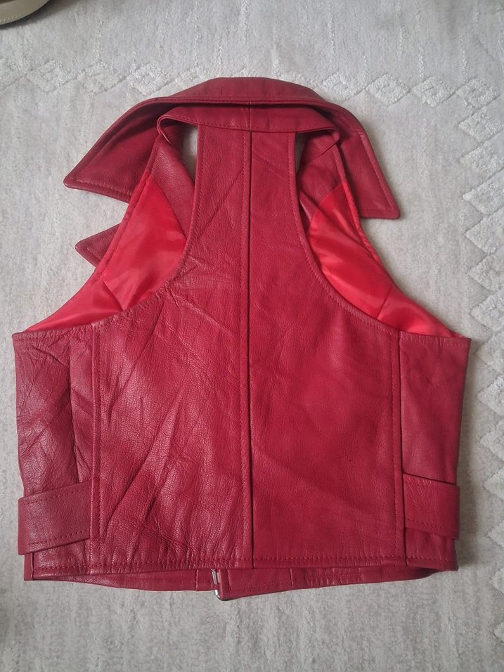 Kemerli kırmızı bordo Deri Kadın Yelek - Görsel 2