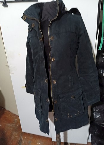 Düğmeli Siyah Midi Denim Kadın parka