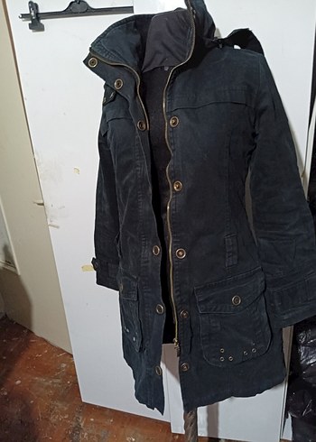 m Beden Düğmeli Siyah Midi Denim Kadın parka