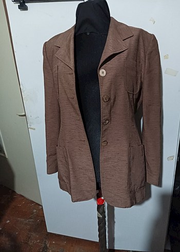Düğmeli Kahverengi Keten Kadın Blazer