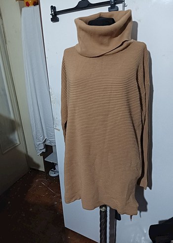 xxl Beden Bej Boğazlı Salaş Triko Kadın Kazak