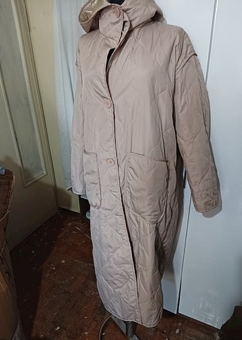 l Beden Bej Düğmeli Uzun Kışlık Kadın Mont