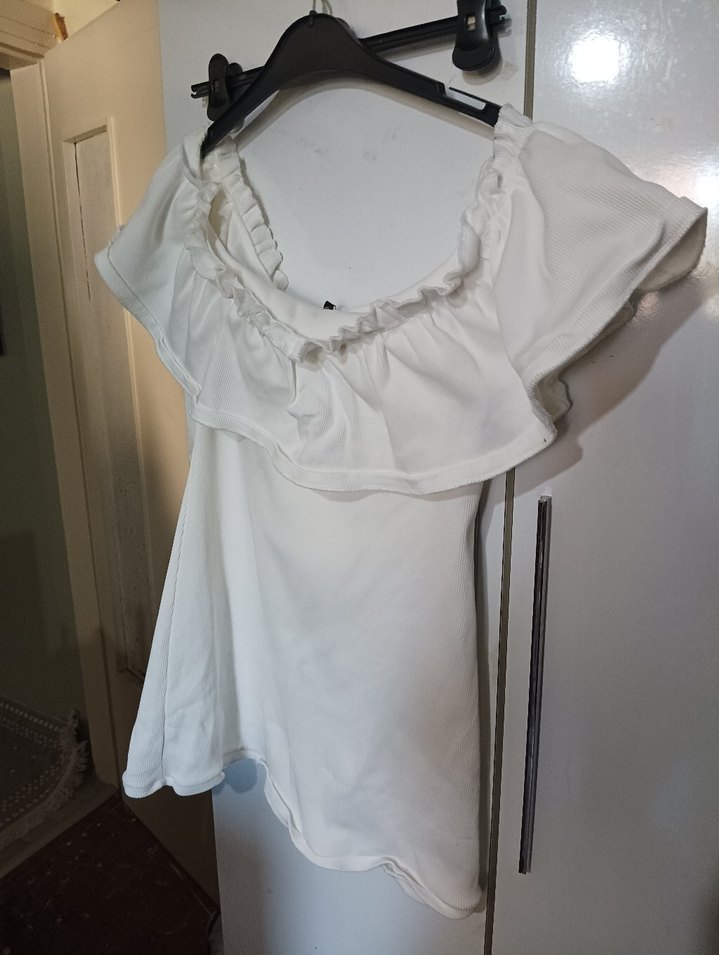 Fırfırlı Beyaz Keten Salaş elbise - Görsel 4