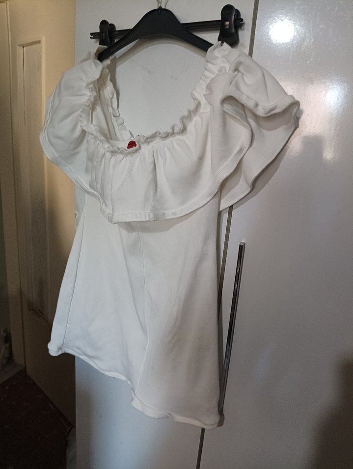 Fırfırlı Beyaz Keten Salaş elbise - Görsel 2