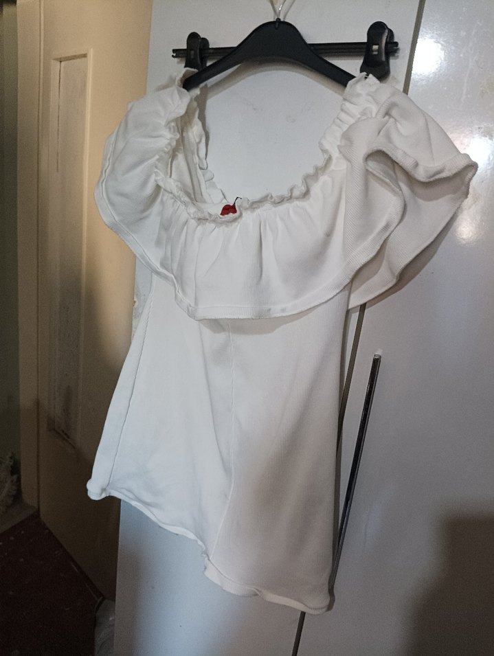 Fırfırlı Beyaz Keten Salaş elbise - Görsel 3