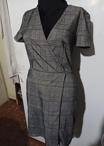 Gri Ekoseli Kemerli Midi Elbise - Görsel 2