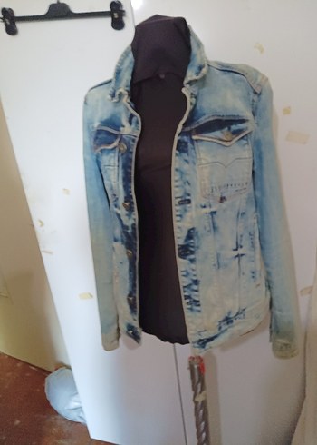 s Beden Kadın Mavi Batik Desenli Denim Ceket