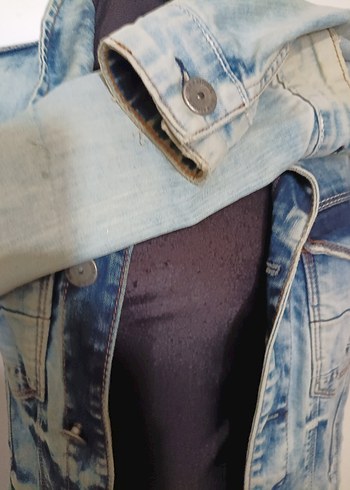 s Beden mavi Renk Kadın Mavi Batik Desenli Denim Ceket