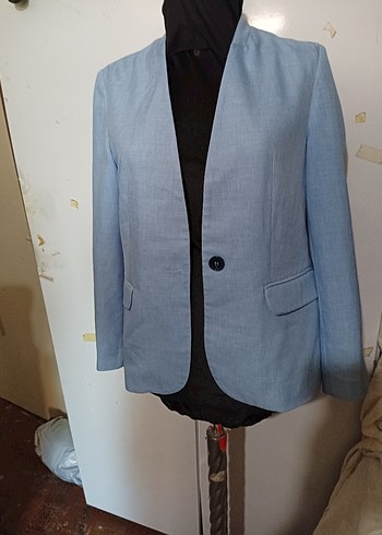 Düğmeli Mavi Kadın Keten Blazer Ceket
