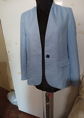 Koton Düğmeli Mavi Kadın Keten Blazer Ceket