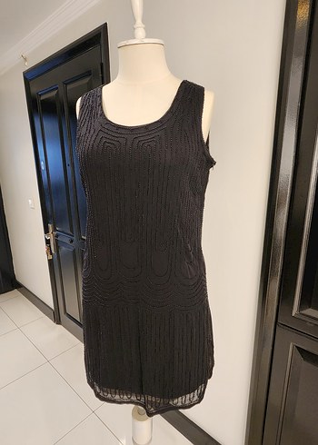 Siyah boncuklu Midi Kolsuz Vintage Elbise