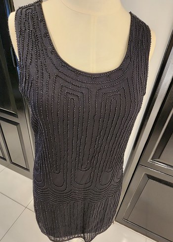 m Beden siyah Renk Siyah boncuklu Midi Kolsuz Vintage Elbise