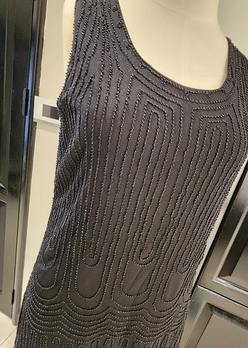 m Beden Siyah boncuklu Midi Kolsuz Vintage Elbise