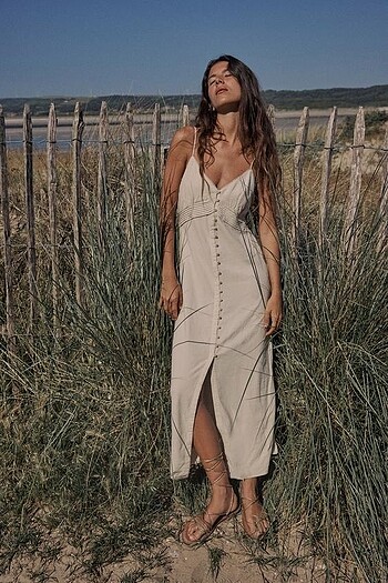 Zara İnce Askılı Keten Elbise