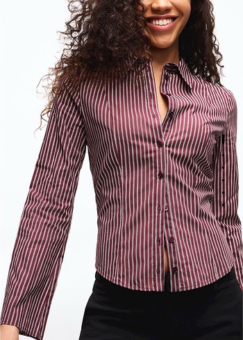 Bordo Çizgili Kadın Uzun Kollu Gömlek - Görsel 4