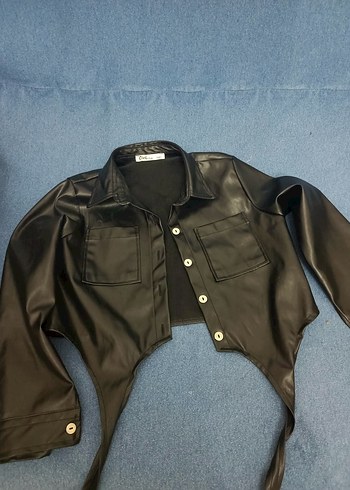 Düğmeli Siyah Deri Kadın Ceket - Görsel 5