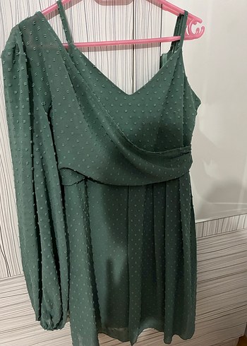 Yeşil Mini Drapeli Tek Omuz Abiye Elbise - Görsel 2