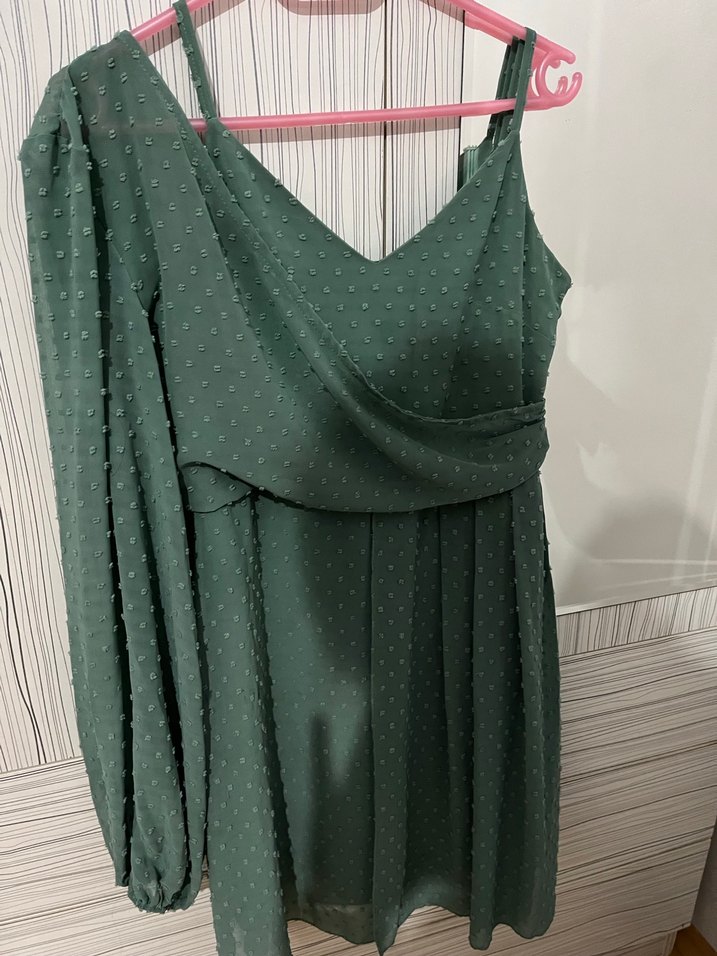 Yeşil Mini Drapeli Tek Omuz Abiye Elbise - Görsel 2