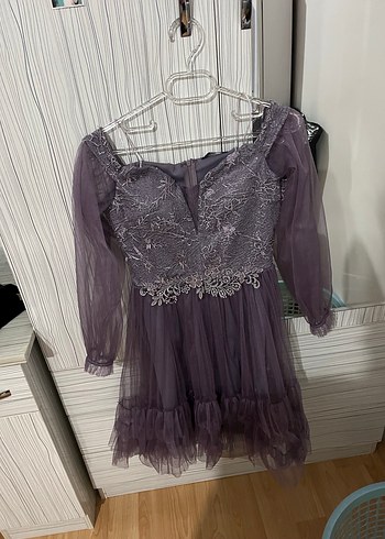 Dantel İşlemeli Straplez Mini Mor Nişan Elbisesi - Görsel 2