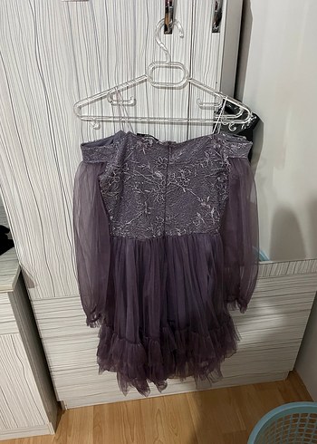 Dantel İşlemeli Straplez Mini Mor Nişan Elbisesi - Görsel 3