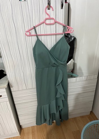 Yeşil Drapeli Midi Strappy Abiye Elbise - Görsel 3