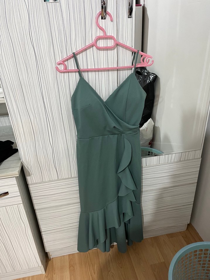 Yeşil Drapeli Midi Strappy Abiye Elbise - Görsel 3