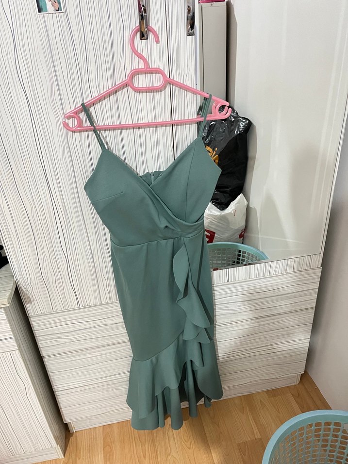 Yeşil Drapeli Midi Strappy Abiye Elbise - Görsel 2