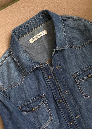 Düğmeli Mavi Denim Kadın Gömlek - Görsel 3