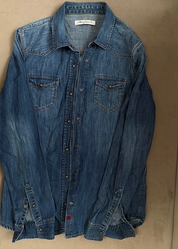 Düğmeli Mavi Denim Kadın Gömlek - Görsel 2