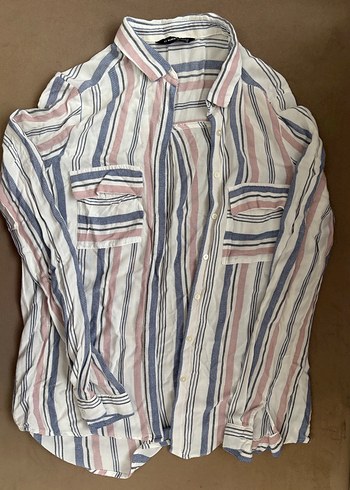 Çizgili Keten Gömlek, Uzun Kollu, Bol Kesim - Görsel 3