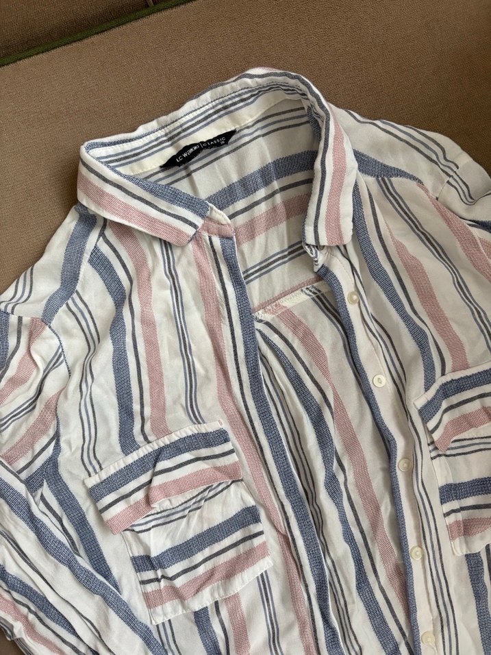 Çizgili Keten Gömlek, Uzun Kollu, Bol Kesim - Görsel 2