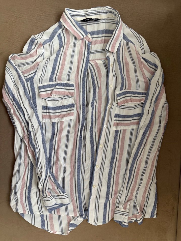 Çizgili Keten Gömlek, Uzun Kollu, Bol Kesim - Görsel 3